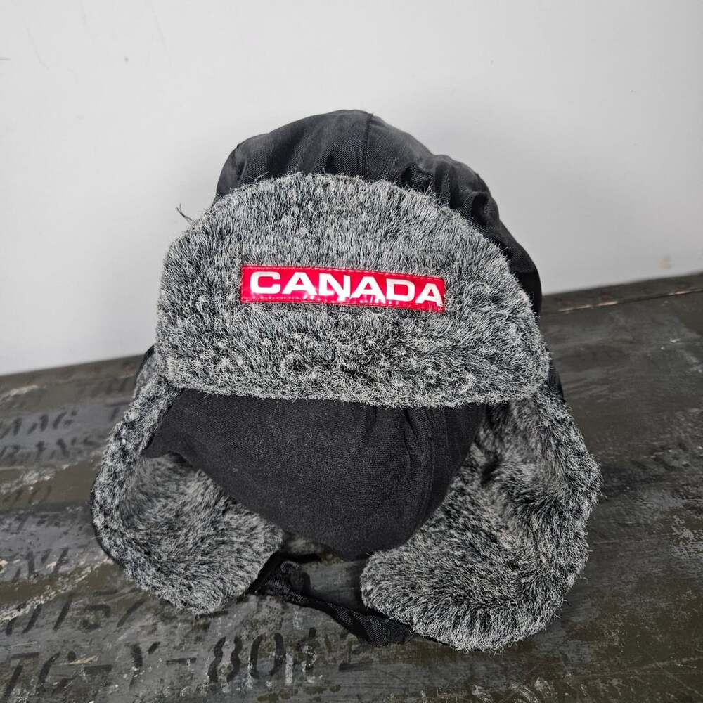 Canada Winter Trapper Hat Black Grey Faux Fur Ushanka